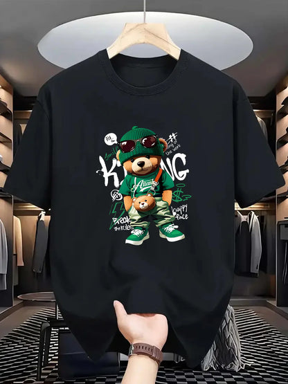 Men's Summer 100 Cotton Fashionable Casual Loose Large Geometric Bear Pattern Printed Sports Round Neck Short Sleeve T-shirt Top