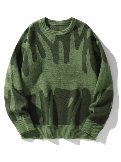 Autumn Winter Irregular Jacquard Pattern Pullover Sweater Casual Round Neck Contrast Color Knitted Pullover