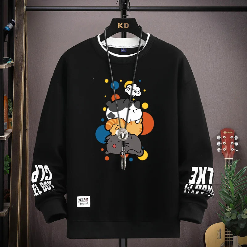 Spring Men's Sweatshirt Japan Cartoon Cats Printed Long Sleeve T-shirt Fashion Men's Clothing Khaki O Neck Harajuku Top