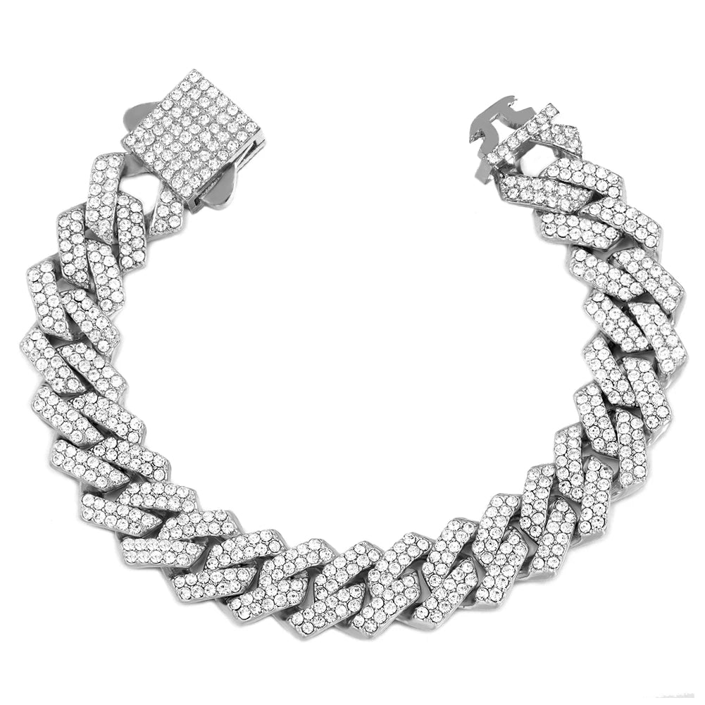 7/8/9inch 14MM Cuban Link Chain Bracelets Women Men Rhinestone Paved Prong Cuban Chain Bracelet Wristband Hip Hop Jewelry