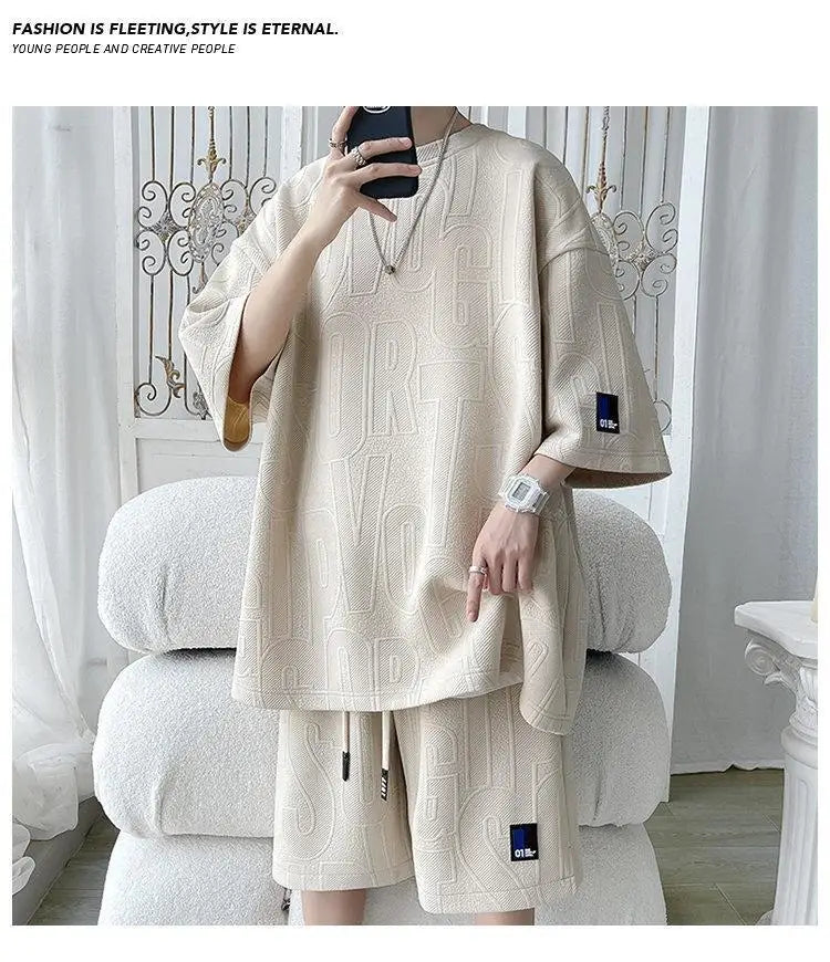 3D new Waffle TZ30 Summer Suit  Casual T-shirt + Shorts Suit Tracksuit Solid color tracksuit loose suit