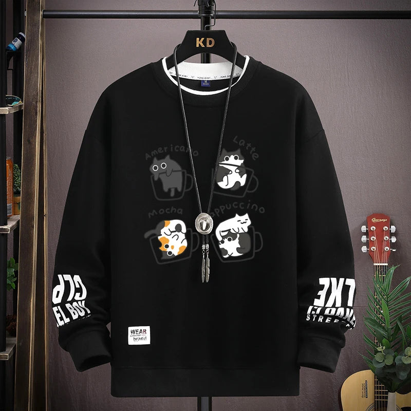 Spring Men's Sweatshirt Japan Cartoon Cats Printed Long Sleeve T-shirt Fashion Men's Clothing Khaki O Neck Harajuku Top