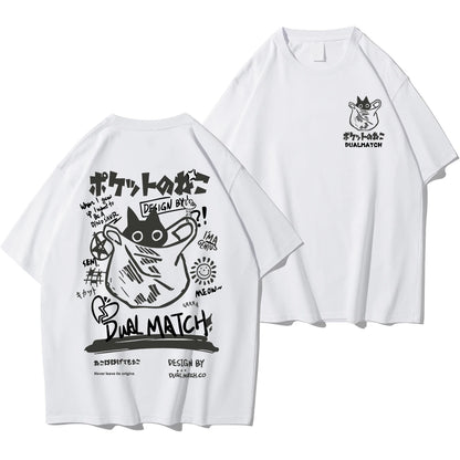 Men Women Cartoon T-Shirts Summer Harajuku Kawaii Cat Printed Short Sleeve Tees Couple Streetwear Loose Clothes Y2K Tops