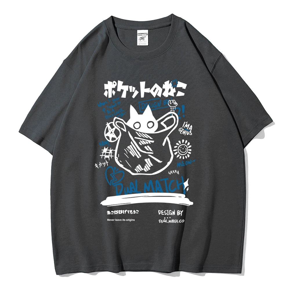Men Women Cartoon T-Shirts Summer Harajuku Kawaii Cat Printed Short Sleeve Tees Couple Streetwear Loose Clothes Y2K Tops