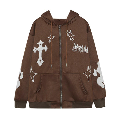European and American Autumn/Winter Hoodie Embroidered Cross Flame Coat Plush Couple Loose Top Sweater