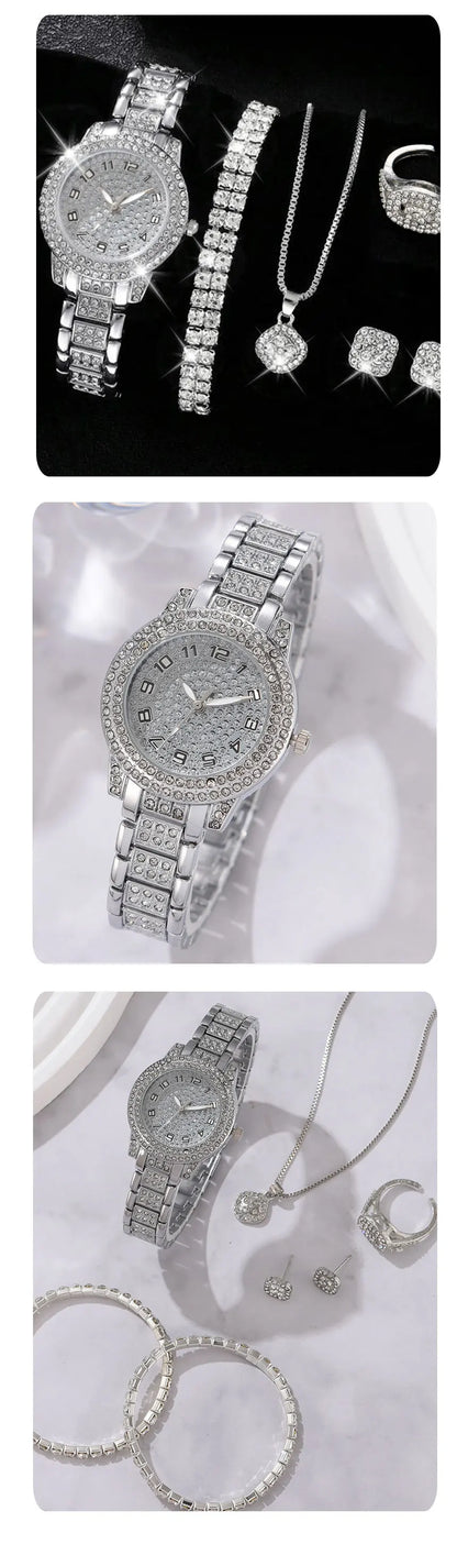 6PCS Women Watch Luxury Elegant Alloy Watch Crystal Wristwatch For Ladies Gift Quartz Watch Alloy Rhinestone Bracelet Montre