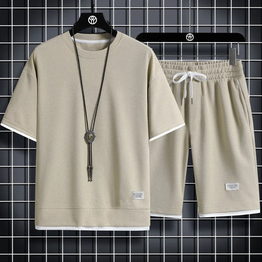 Summer Men's Waffle Sets Casual T-Shirt And Shorts Set Male Sports Suit Solid Color Tracksuit Loose Suits