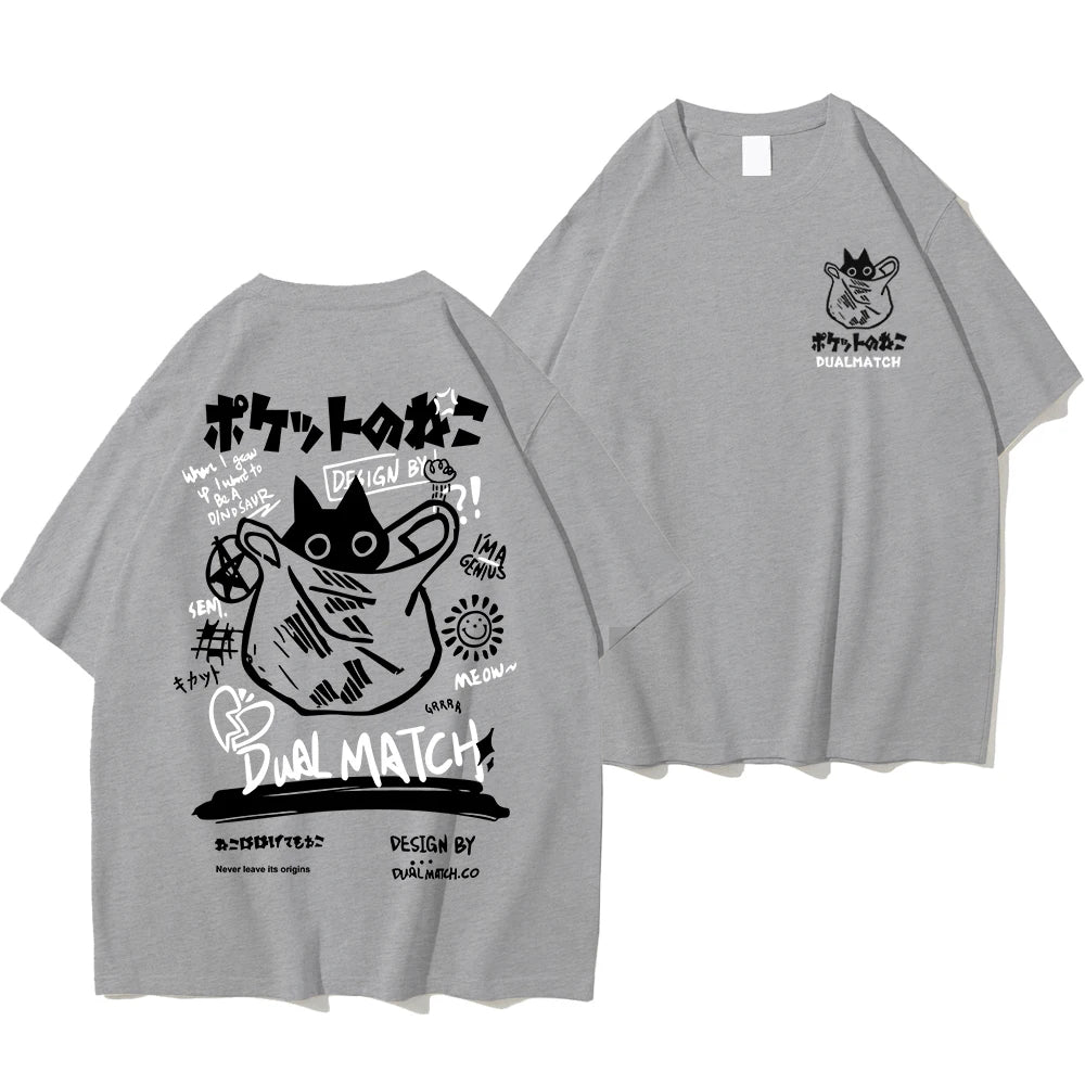 Men Women Cartoon T-Shirts Summer Harajuku Kawaii Cat Printed Short Sleeve Tees Couple Streetwear Loose Clothes Y2K Tops