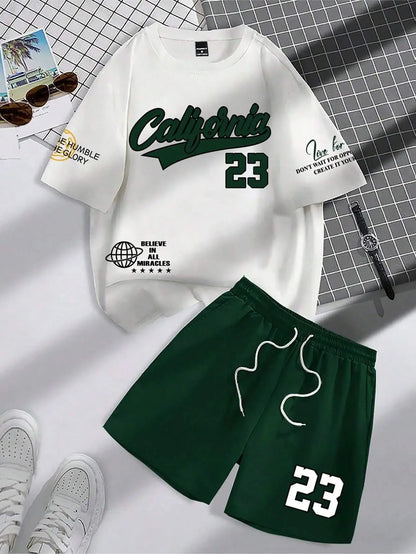 summer new trend men's suit round neck short sleeve set fashion personalized alphanumeric print round neck T-shirt and shor