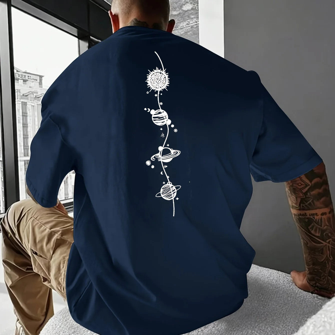 Men's 100% pure cotton summer loose size Planet Graphic Design print casual comfortable round neck short sleeved T-shirt top