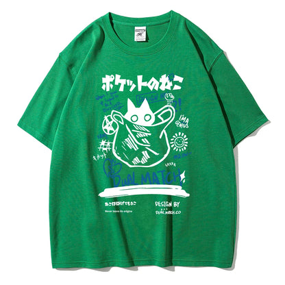 Men Women Cartoon T-Shirts Summer Harajuku Kawaii Cat Printed Short Sleeve Tees Couple Streetwear Loose Clothes Y2K Tops