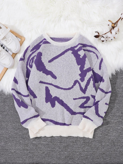 Spring Autumn Graffiti Jacquard Pattern Pullover Sweater Casual Round Neck Contrast Color Knitted Pullover