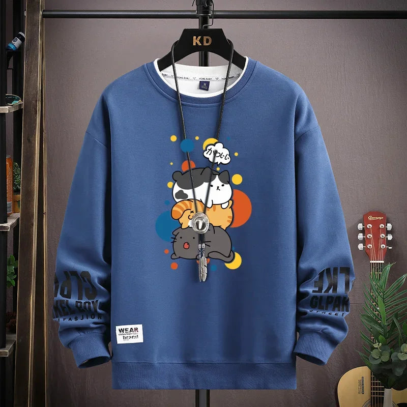 Spring Men's Sweatshirt Japan Cartoon Cats Printed Long Sleeve T-shirt Fashion Men's Clothing Khaki O Neck Harajuku Top