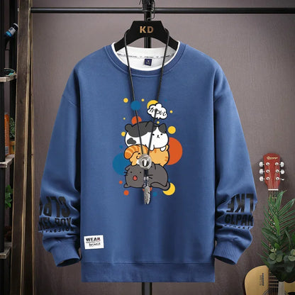 Spring Men's Sweatshirt Japan Cartoon Cats Printed Long Sleeve T-shirt Fashion Men's Clothing Khaki O Neck Harajuku Top
