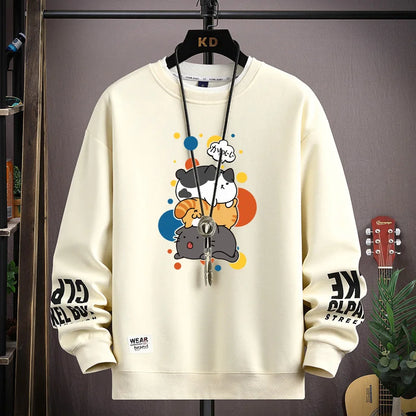 Spring Men's Sweatshirt Japan Cartoon Cats Printed Long Sleeve T-shirt Fashion Men's Clothing Khaki O Neck Harajuku Top