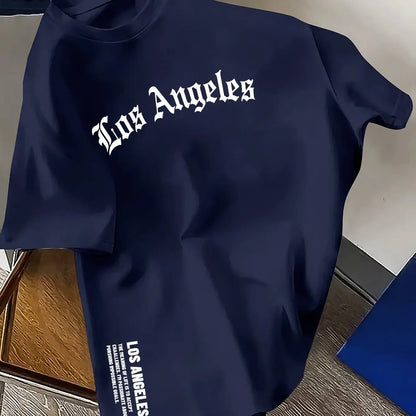 Men's Summer 100% Cotton Fashion Los Angeles Letter Printed Loose Large Casual Comfortable Round Neck Short Sleeve T-shirt Top