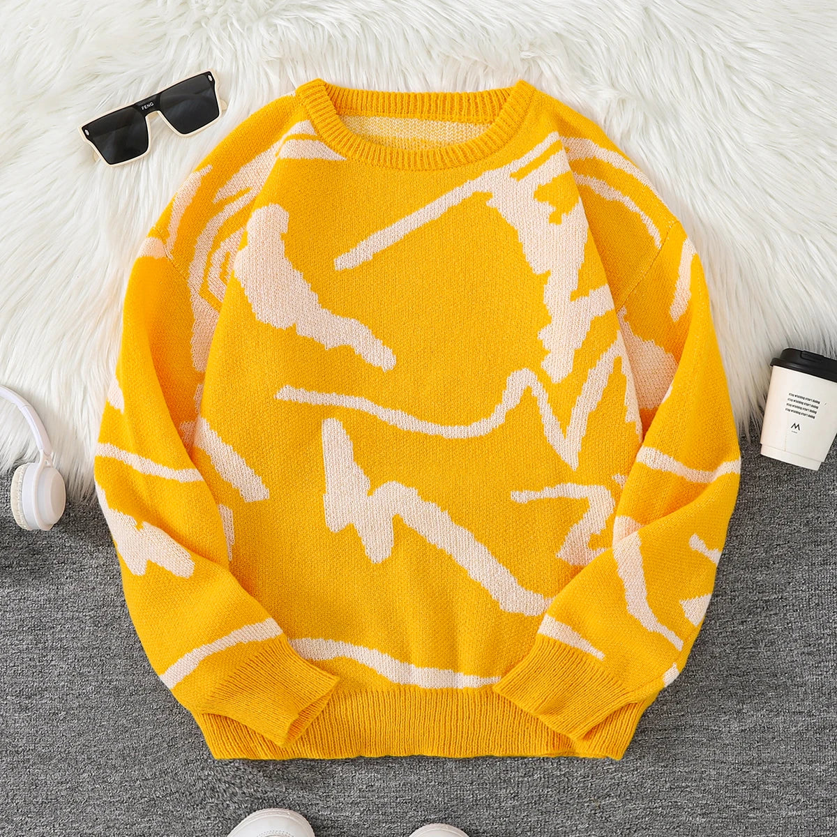 Spring Autumn Graffiti Jacquard Pattern Pullover Sweater Casual Round Neck Contrast Color Knitted Pullover