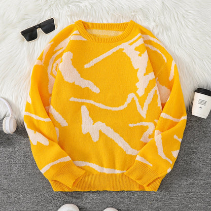 Spring Autumn Graffiti Jacquard Pattern Pullover Sweater Casual Round Neck Contrast Color Knitted Pullover