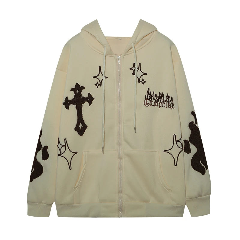 European and American Autumn/Winter Hoodie Embroidered Cross Flame Coat Plush Couple Loose Top Sweater