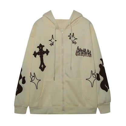 European and American Autumn/Winter Hoodie Embroidered Cross Flame Coat Plush Couple Loose Top Sweater