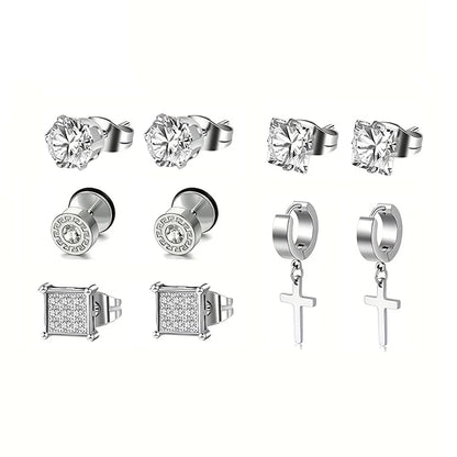 5 Pairs Stainless Steel Earrings Cross Dangle Hinged Earrings, Cubic Zirconia Stud Earrings For Men, Ear Piercing Jewelry