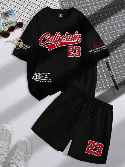 summer new trend men's suit round neck short sleeve set fashion personalized alphanumeric print round neck T-shirt and shor