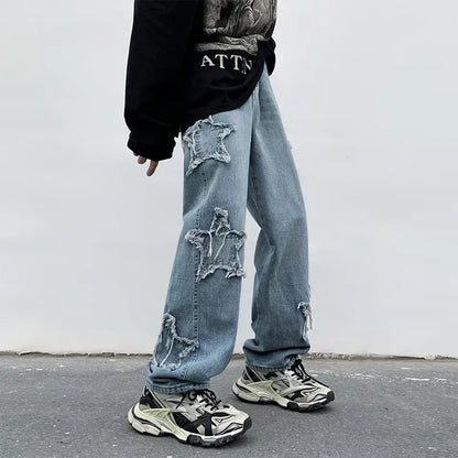 Stars Towel Embroidery Brown Men Jeans Pants Y2K Clothes Straight Hip Hop Cotton Trousers Pantalon Homme