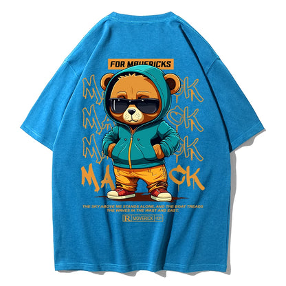 Cotton Fashion Bear Pattern Printed Men's T Shirt Round Neck Loose Tops Breathable Comfortable Casual Oversized Women Clothing
