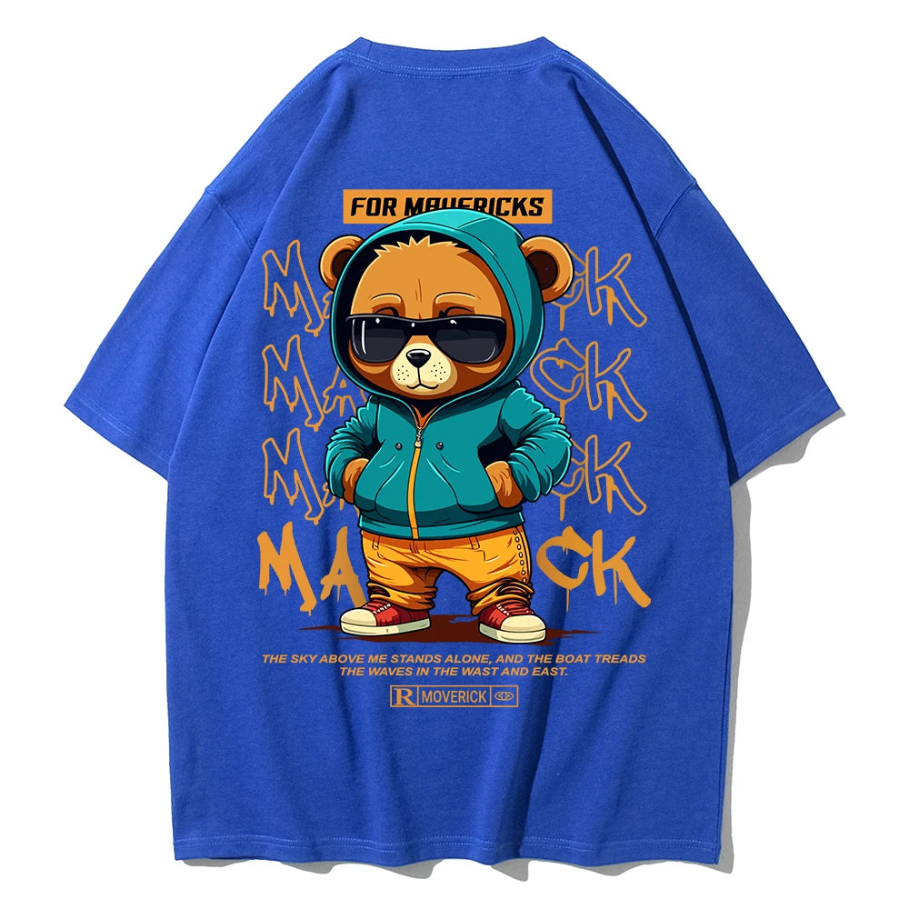 Cotton Fashion Bear Pattern Printed Men's T Shirt Round Neck Loose Tops Breathable Comfortable Casual Oversized Women Clothing