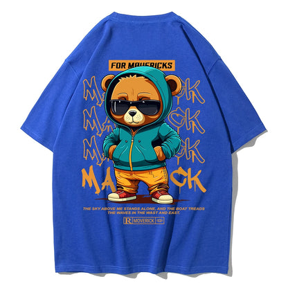 Cotton Fashion Bear Pattern Printed Men's T Shirt Round Neck Loose Tops Breathable Comfortable Casual Oversized Women Clothing