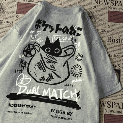 Men Women Cartoon T-Shirts Summer Harajuku Kawaii Cat Printed Short Sleeve Tees Couple Streetwear Loose Clothes Y2K Tops
