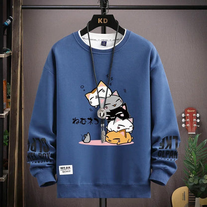 Spring Men's Sweatshirt Japan Cartoon Cats Printed Long Sleeve T-shirt Fashion Men's Clothing Khaki O Neck Harajuku Top