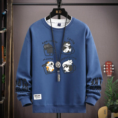 Spring Men's Sweatshirt Japan Cartoon Cats Printed Long Sleeve T-shirt Fashion Men's Clothing Khaki O Neck Harajuku Top