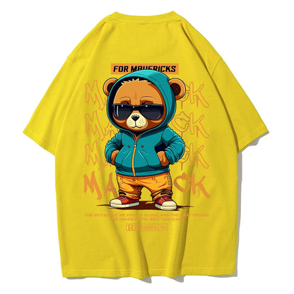 Cotton Fashion Bear Pattern Printed Men's T Shirt Round Neck Loose Tops Breathable Comfortable Casual Oversized Women Clothing