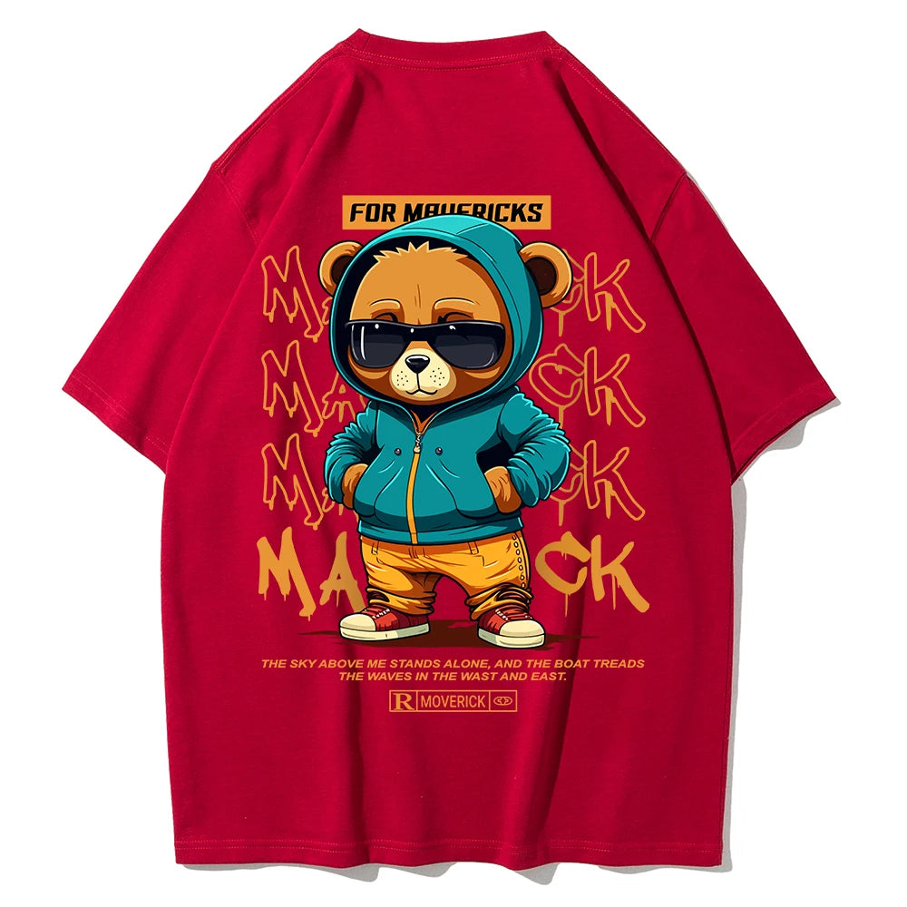 Cotton Fashion Bear Pattern Printed Men's T Shirt Round Neck Loose Tops Breathable Comfortable Casual Oversized Women Clothing