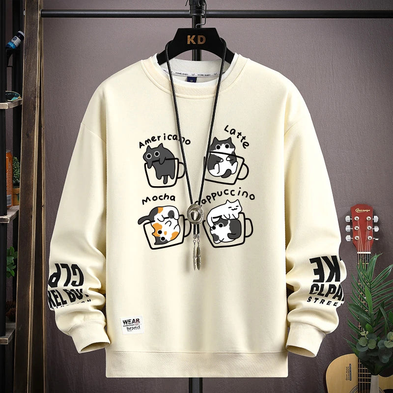 Spring Men's Sweatshirt Japan Cartoon Cats Printed Long Sleeve T-shirt Fashion Men's Clothing Khaki O Neck Harajuku Top