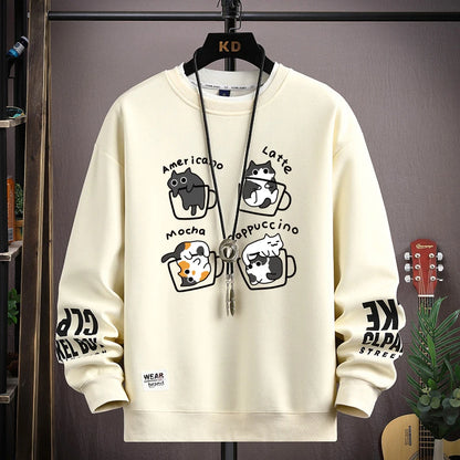 Spring Men's Sweatshirt Japan Cartoon Cats Printed Long Sleeve T-shirt Fashion Men's Clothing Khaki O Neck Harajuku Top
