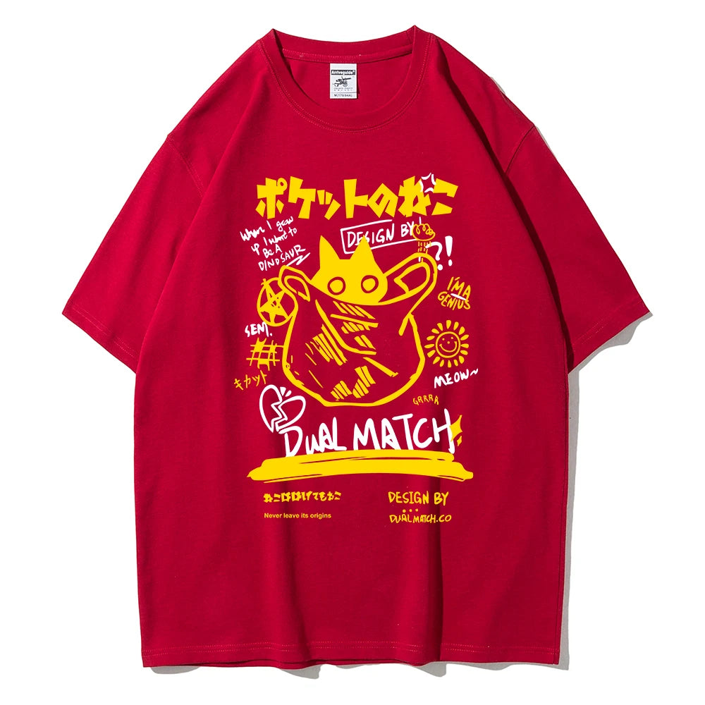 Men Women Cartoon T-Shirts Summer Harajuku Kawaii Cat Printed Short Sleeve Tees Couple Streetwear Loose Clothes Y2K Tops