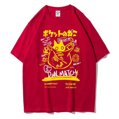 Men Women Cartoon T-Shirts Summer Harajuku Kawaii Cat Printed Short Sleeve Tees Couple Streetwear Loose Clothes Y2K Tops