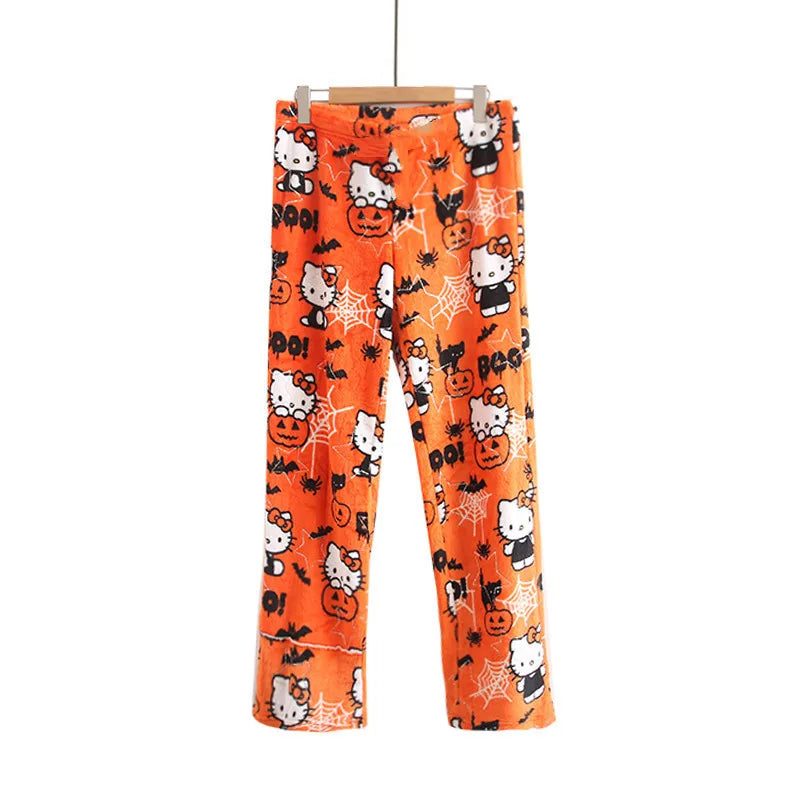 Sanrio Hello Kitty Pajamas Halloween Flannel Fashion Trouserswomen Kawaii Woolen Casual Home Pants Autumn