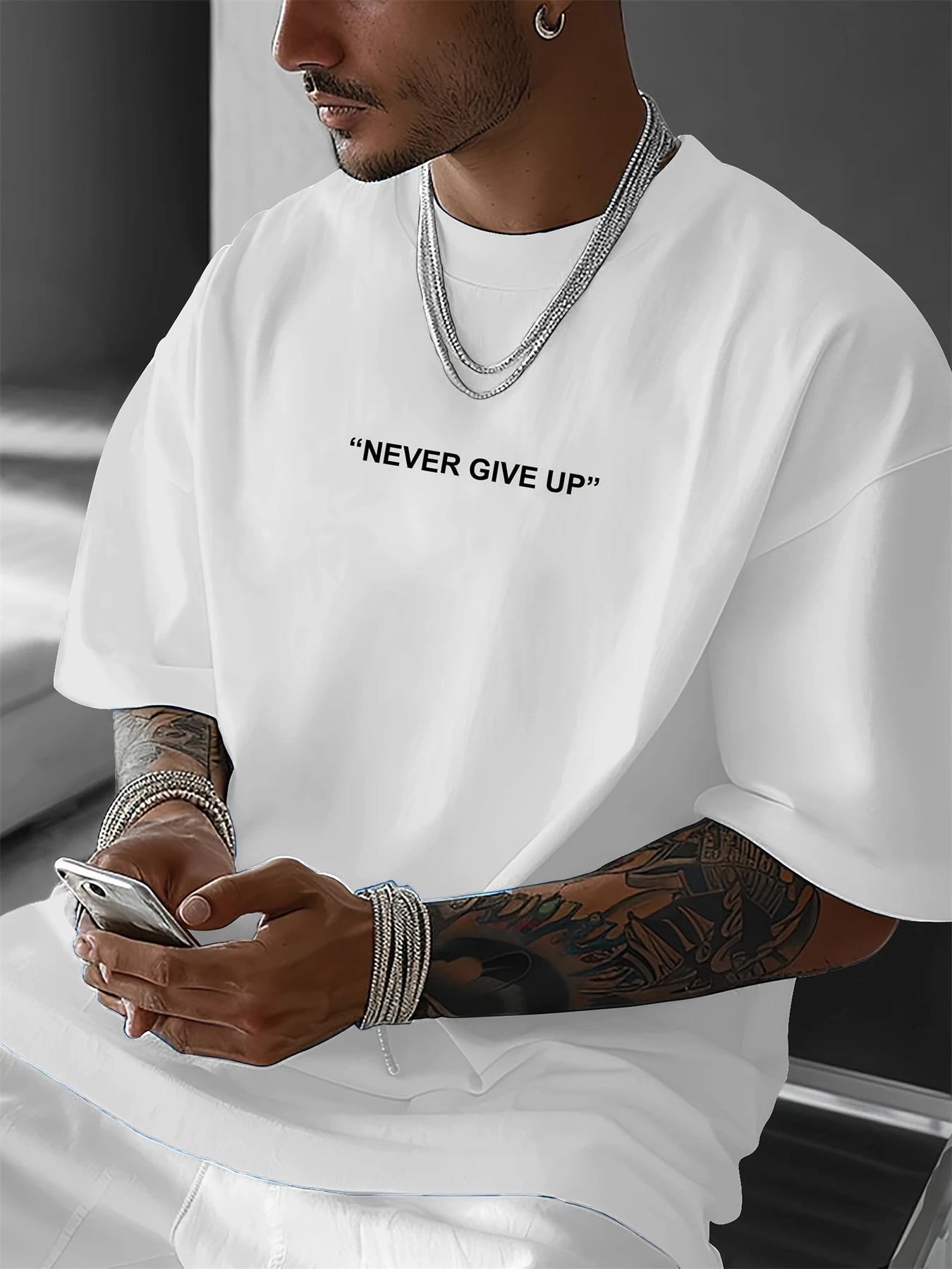 Men's summer 100 cotton fashionable casual loose plus size never give up graphic printed sports round neck short sleeved T-shirt