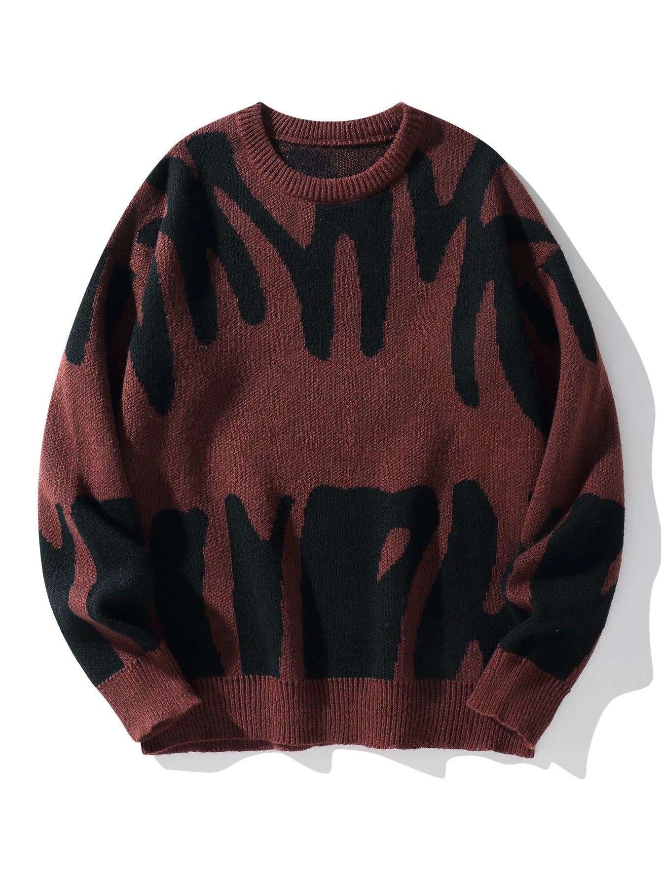 Autumn Winter Irregular Jacquard Pattern Pullover Sweater Casual Round Neck Contrast Color Knitted Pullover