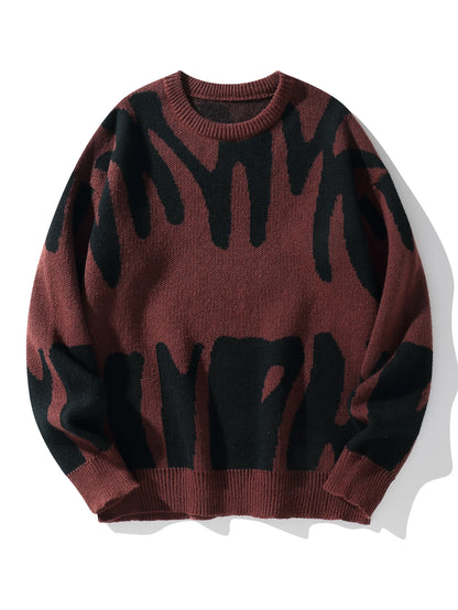 Autumn Winter Irregular Jacquard Pattern Pullover Sweater Casual Round Neck Contrast Color Knitted Pullover
