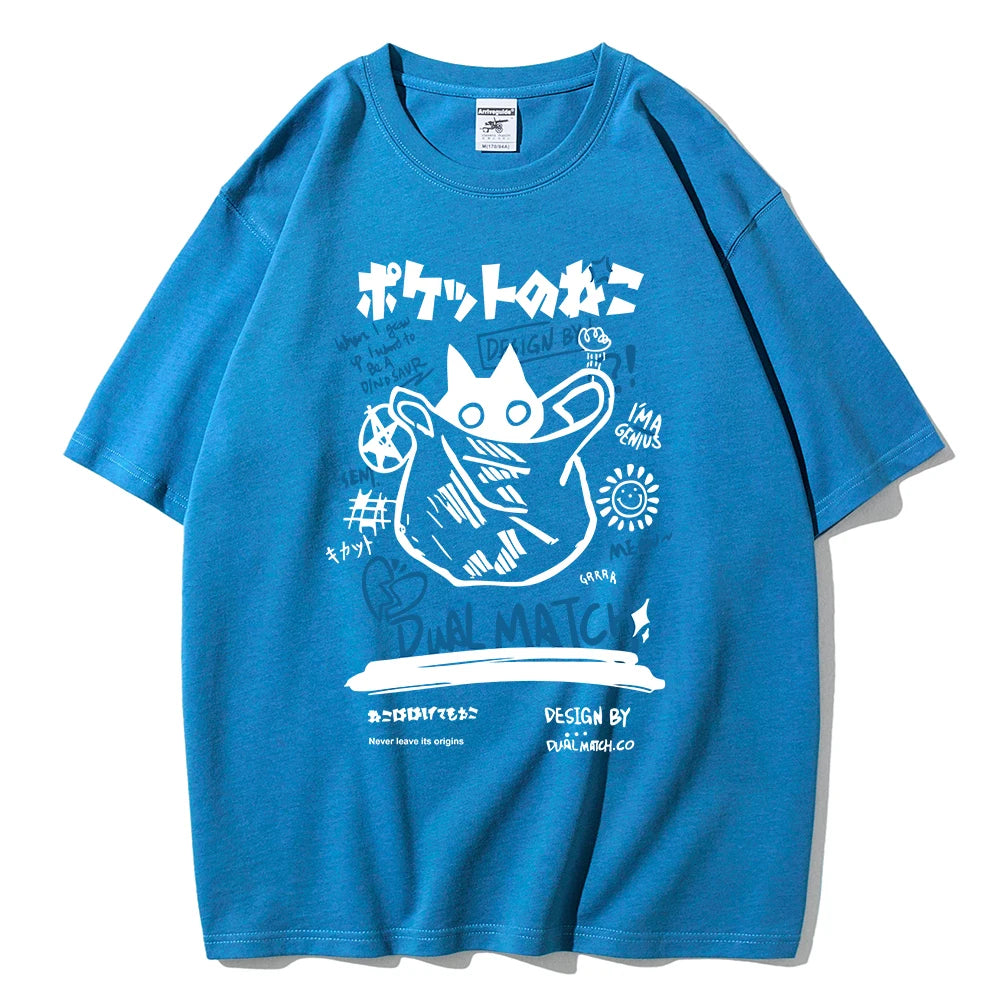 Men Women Cartoon T-Shirts Summer Harajuku Kawaii Cat Printed Short Sleeve Tees Couple Streetwear Loose Clothes Y2K Tops