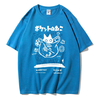 Men Women Cartoon T-Shirts Summer Harajuku Kawaii Cat Printed Short Sleeve Tees Couple Streetwear Loose Clothes Y2K Tops