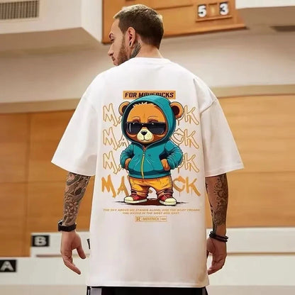 Cotton Fashion Bear Pattern Printed Men's T Shirt Round Neck Loose Tops Breathable Comfortable Casual Oversized Women Clothing