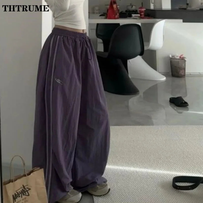 Oversized Hip Hop Baggy Pants Fashion Women Striped Pocket Elastic High Waist Cargo Pant Streetwear Sweatpant Loose New Trousers