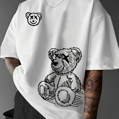 men's 100% pure cotton casual sports loose and fashionable cartoon bear pattern short sleeved T-shirt