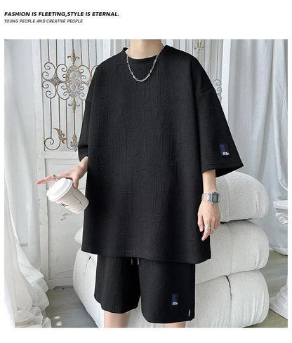 3D new Waffle TZ30 Summer Suit  Casual T-shirt + Shorts Suit Tracksuit Solid color tracksuit loose suit
