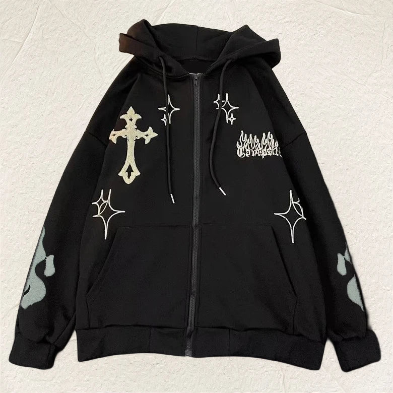 European and American Autumn/Winter Hoodie Embroidered Cross Flame Coat Plush Couple Loose Top Sweater